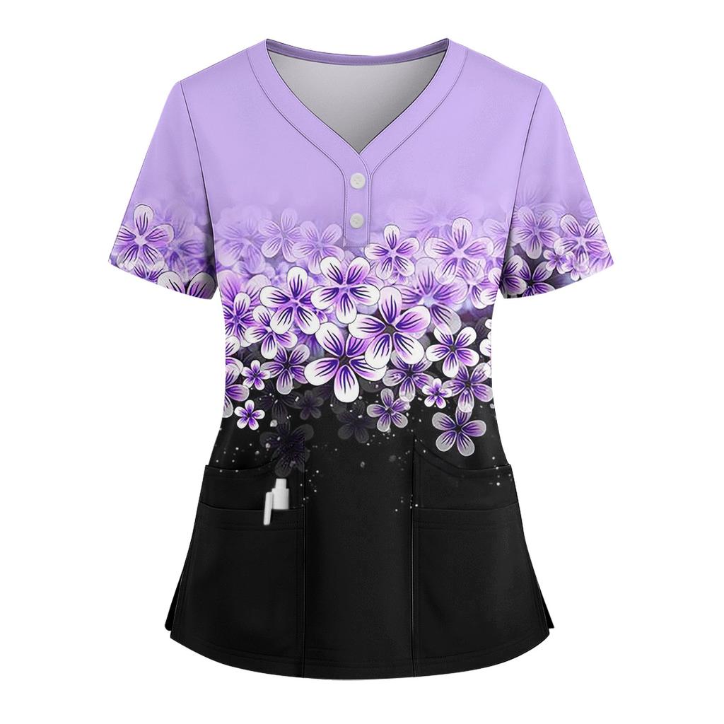 Dames Løs Kortarmet Mote Blomster- og Plante trykk V-hals Kneppbar Sideslisse Topp T-skjorte