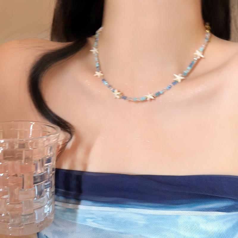 Starfish Shell Crystal Beaded Necklace - Double Layered Clavicle Chain for Women, Perfect Beach Vacation Accessory