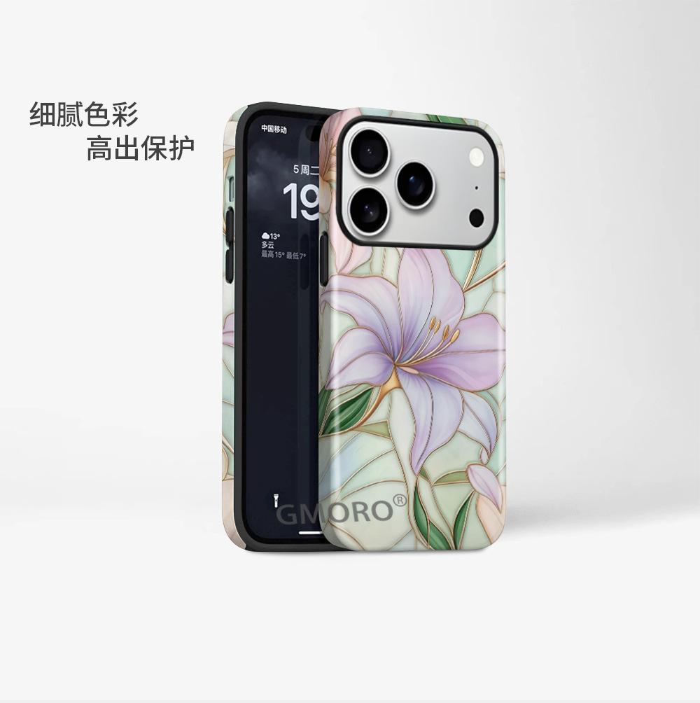 New Chinese gold-painted lily illustration mobile phone case iPhone15 bright two-in-one film case Apple 17 anti-drop