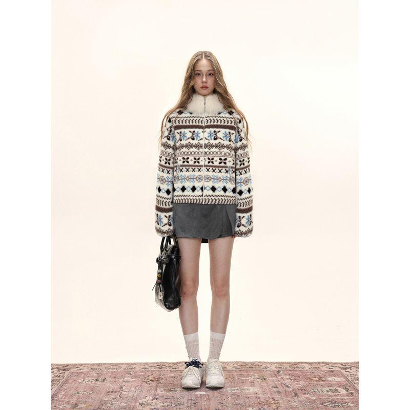 Shiyiyue Fair Isle Fur Collar Coat for Women, Autumn and Winter Vintage Loose Furry Thickened Slimming Warm Top