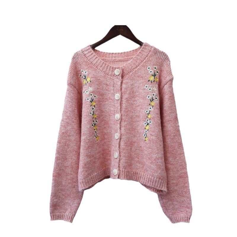 Autumn and Winter New Sweet Age-reducing Crew Neck Embroidered Knitted Cardigan Soft Waxy Sweater Jacket Women