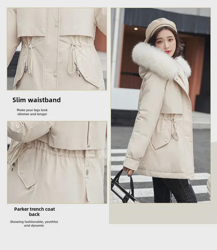 Women's Casual Mid-Length Korean Style Cotton Jacket with Fur Collar