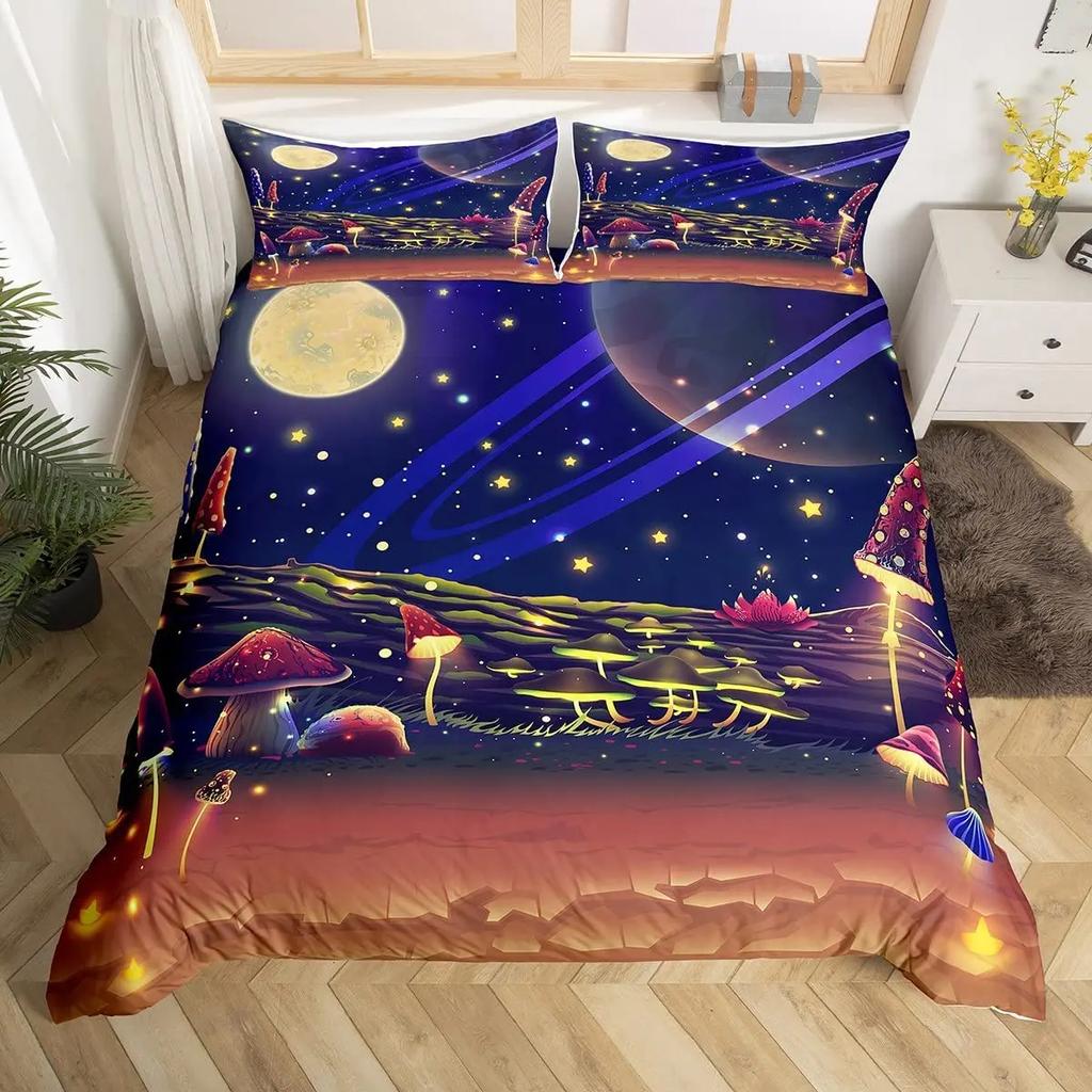 Mushroom Duvet Cover Set Cartoon Castle Bedding Set Microfiber Fungus Botanical Floral Comforter Cover Twin King For Boys Girls