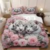 White Tigers Roses Pattern 3D Printed Quilt Cover Elegant Soft Comfortable Bedding Cover Wildlife Theme Duvet Cover Pillowcase