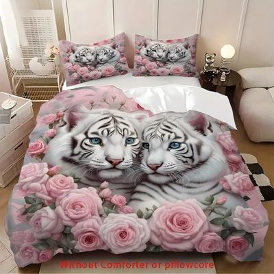 White Tigers Roses Pattern 3D Printed Quilt Cover Elegant Soft Comfortable Bedding Cover Wildlife Theme Duvet Cover Pillowcase