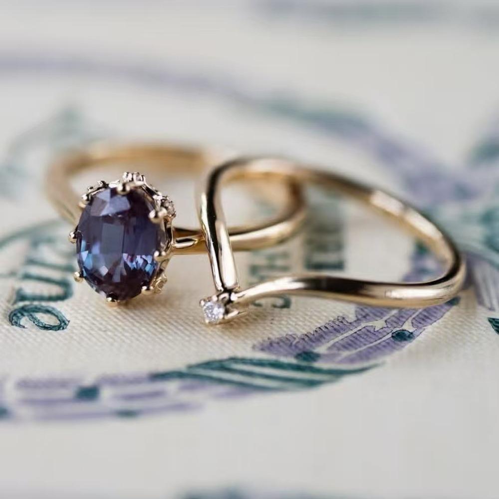 Luxury Jewelry Source, Super Simple Fashion Women's Pair Ring Inlaid with Amethyst Gold-plated Ins Jewelry