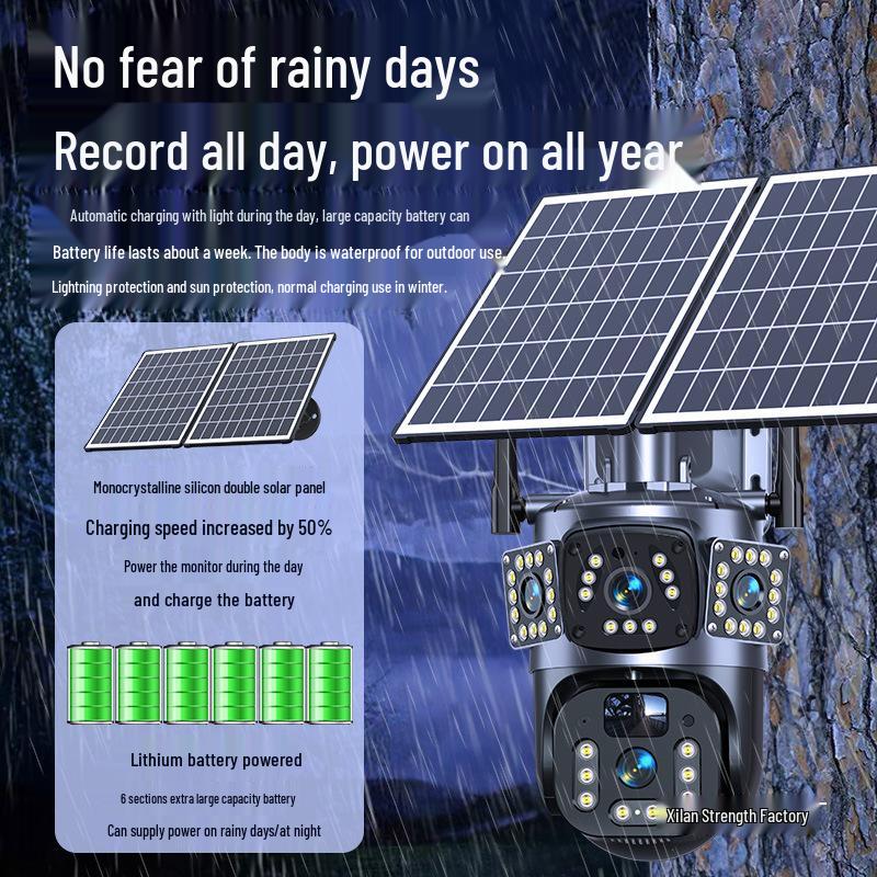 Rotatable 360° Solar-Powered Surveillance Camera with Triple Lenses & 12MP Night Vision, Smartphone-Controlled