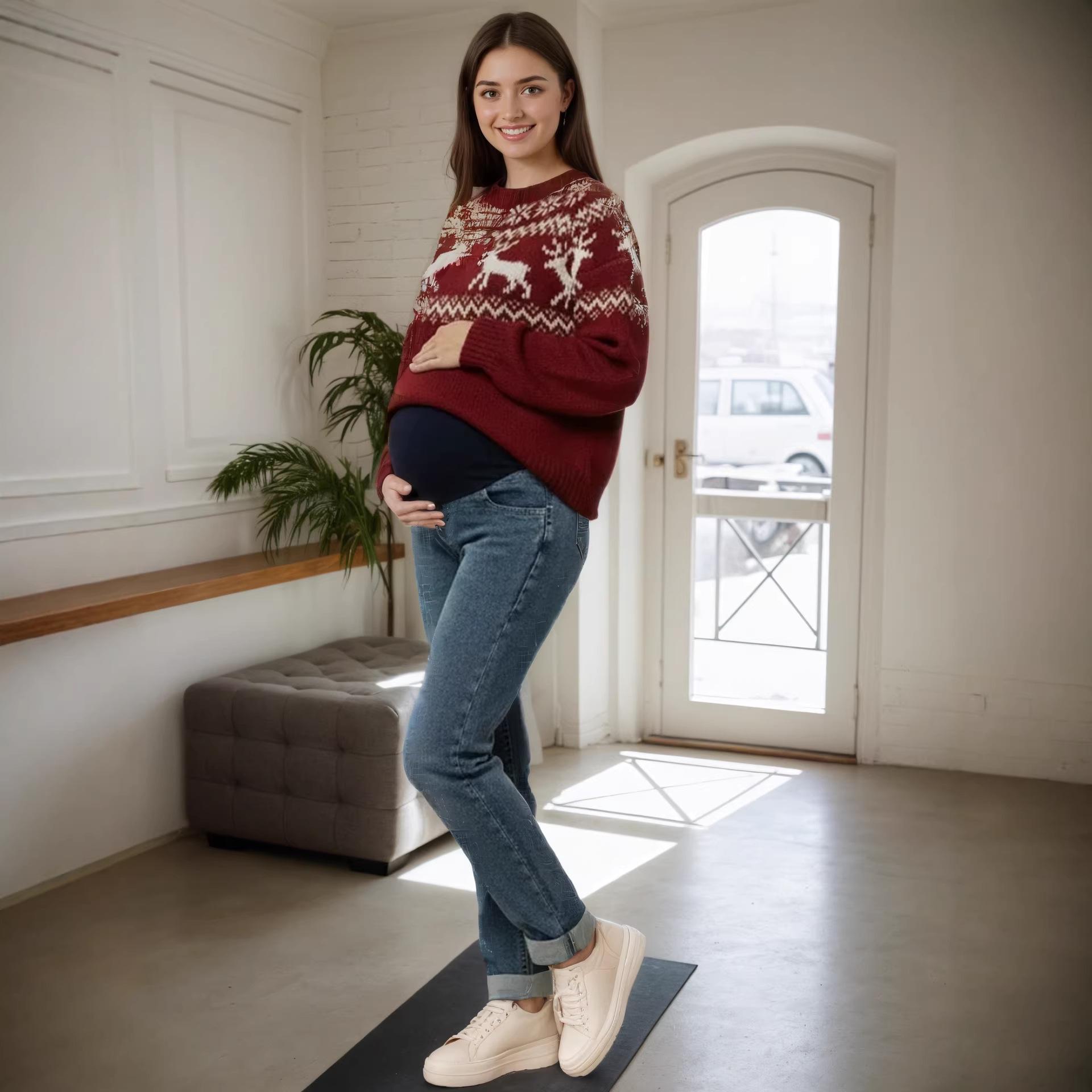 

Premium High-Waist Maternity Jeans - Fashionable, Slimming Spring Pants with Belly Support and Stylish Skinny Leg Design. Large синий