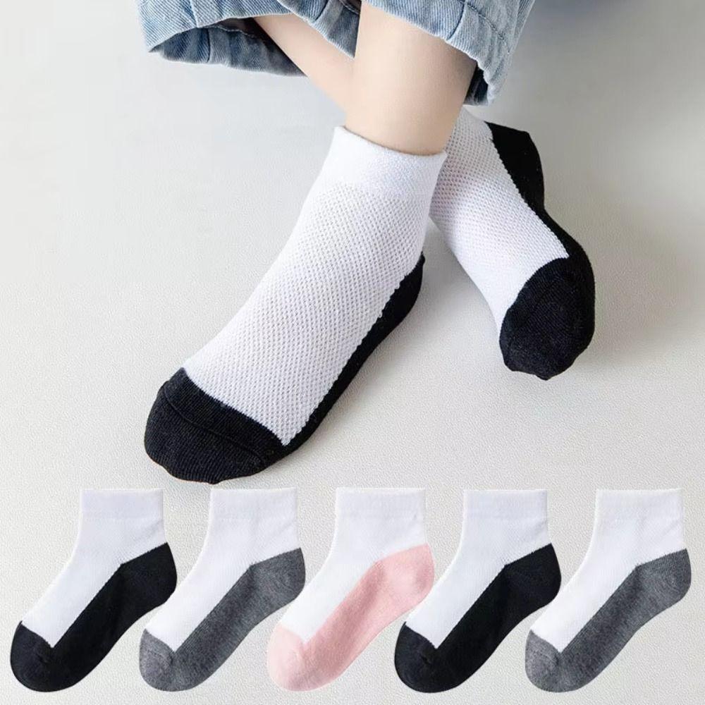 5 Pairs Two-color Kid Boys Anti-slipping Sock Breathable Student White Socks White Socks