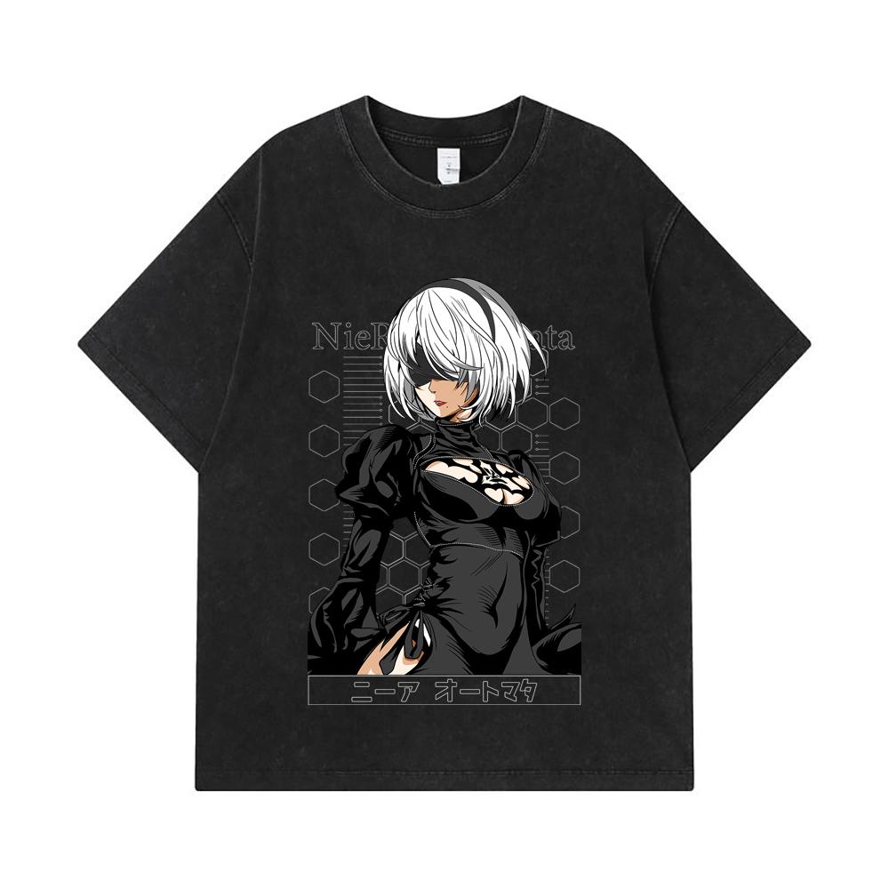 275 GSM Washed T-shirts 100% Cotton NieR Automata V2 2B Print Unisex Heavy Cotton T Shirt