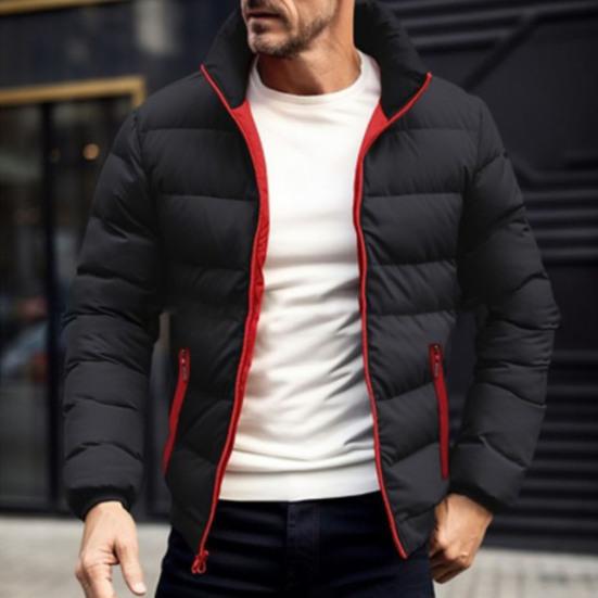 Men Down Coat Stand Collar Long Sleeve Full Zipper Closure Solid Color Jacket Coat with Side Zipper Pockets Outdoor Leisure Quilted Outwear