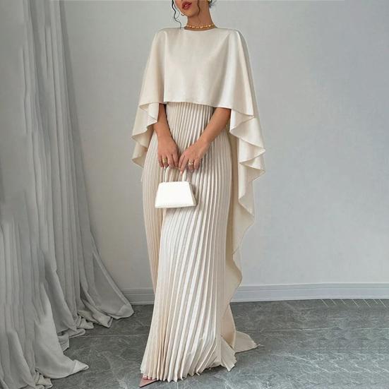 Women's Pleated Flowy Maxi Dress Split Cape Sleeve Formal Wedding Guest Dress Cocktail Evening Party Long Dress