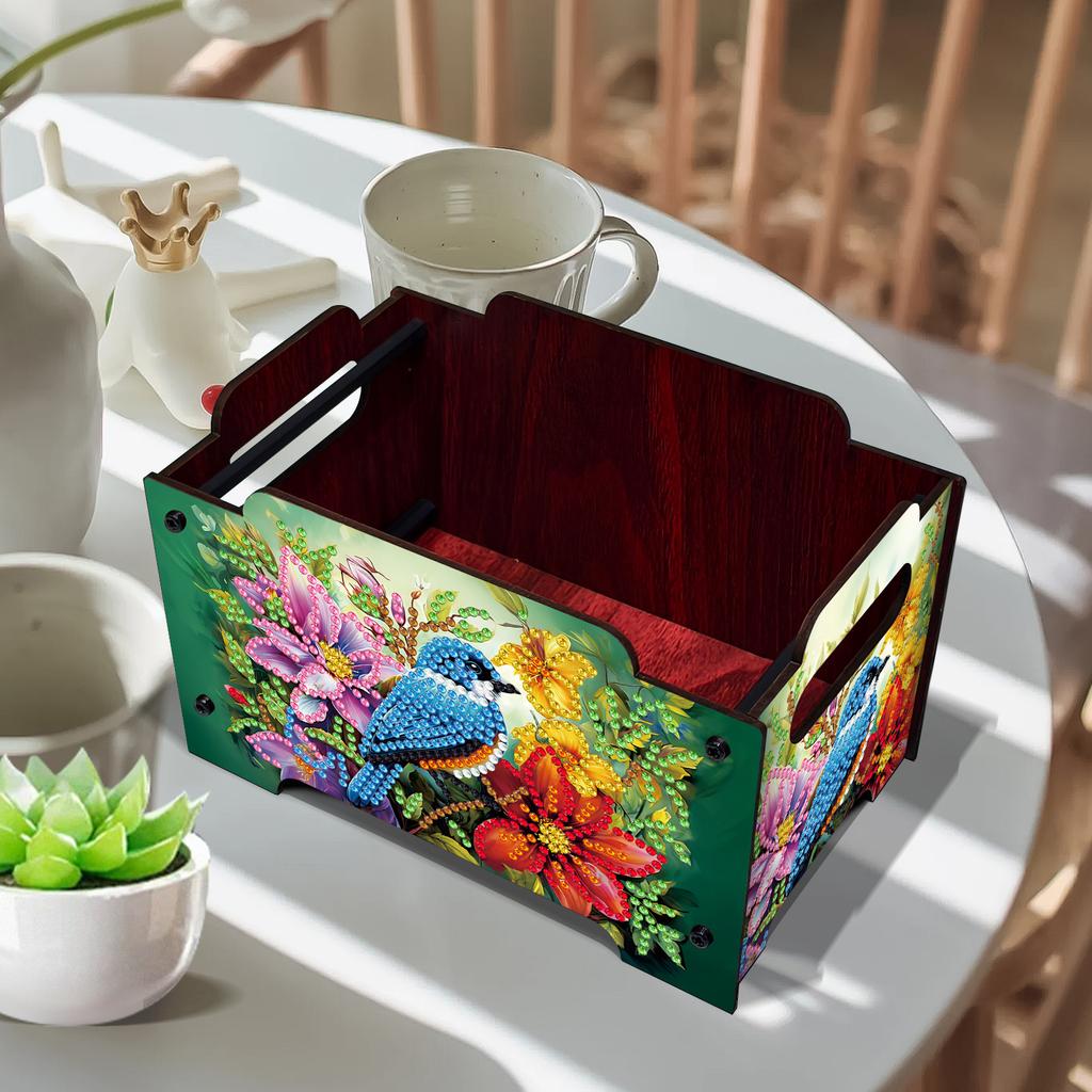 5D DIY Diamond Art Colored Pattern Wood Case Partial Drill Rhinestones Decorative Storage Box Wooden Crystal Storage Handbag Kit