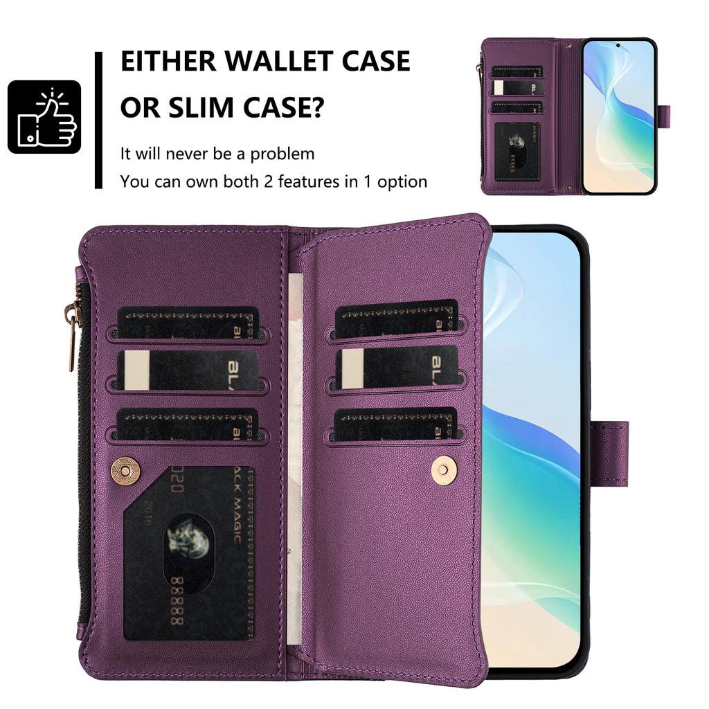 For iPhone 15 Pro Leather Case 9 Card Slots Zipper Wallet Stand Phone Cover with Wrist Strap