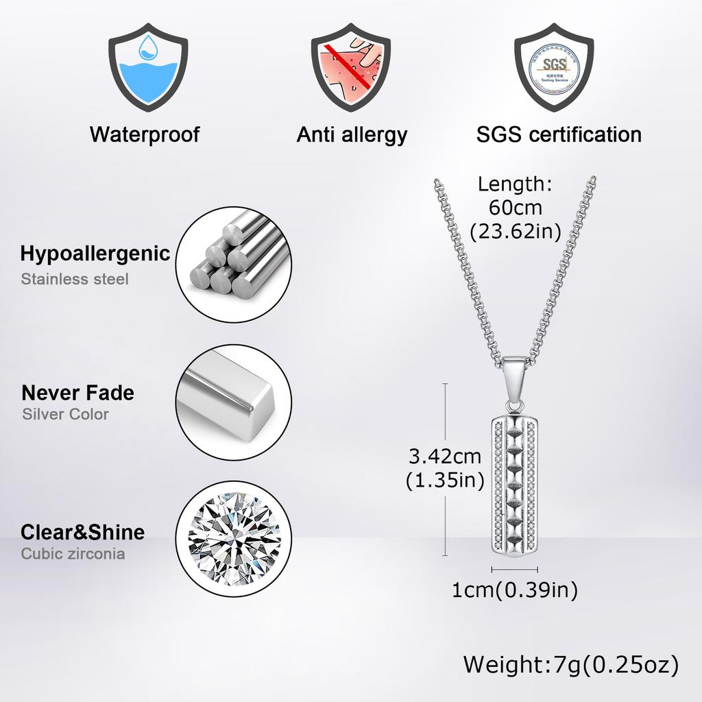Vertical Bar Necklaces for Men Boys,Zircon Embossed Stainless Steel Pendant Necklaces,Stylish Trendy Jewelry Gifts