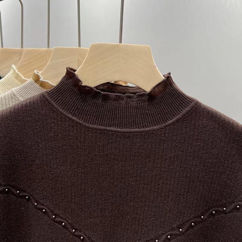 Pulover de bază cu gât semi-înalt pentru toamnă și iarnă pentru femei, cu dantelă de catifea adăugată, îngroșat, dintr-o singură piesă, pulover tricotat din catifea pentru căldură și croială lejeră