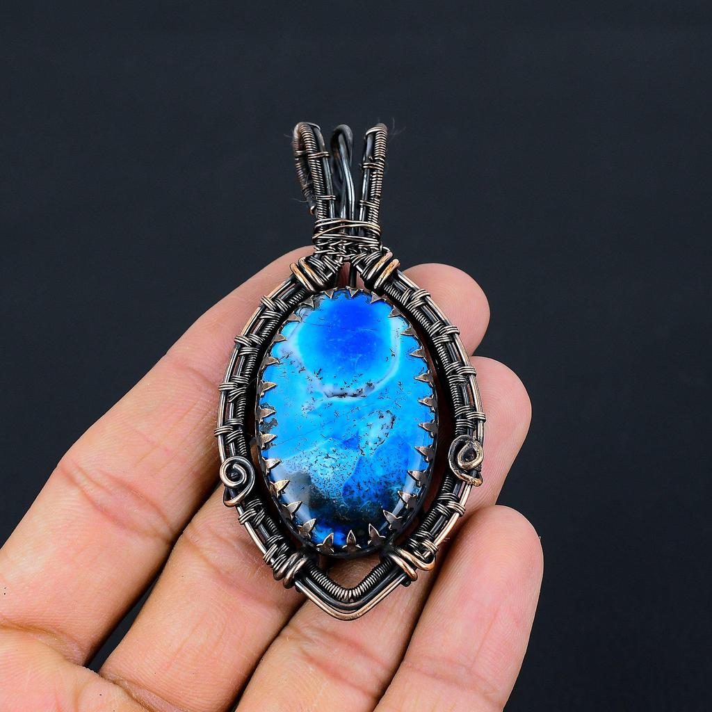Blue Dendrit Opal Gemstone Pur cupru sârmă înfășurate handmade pandantiv bijuterii