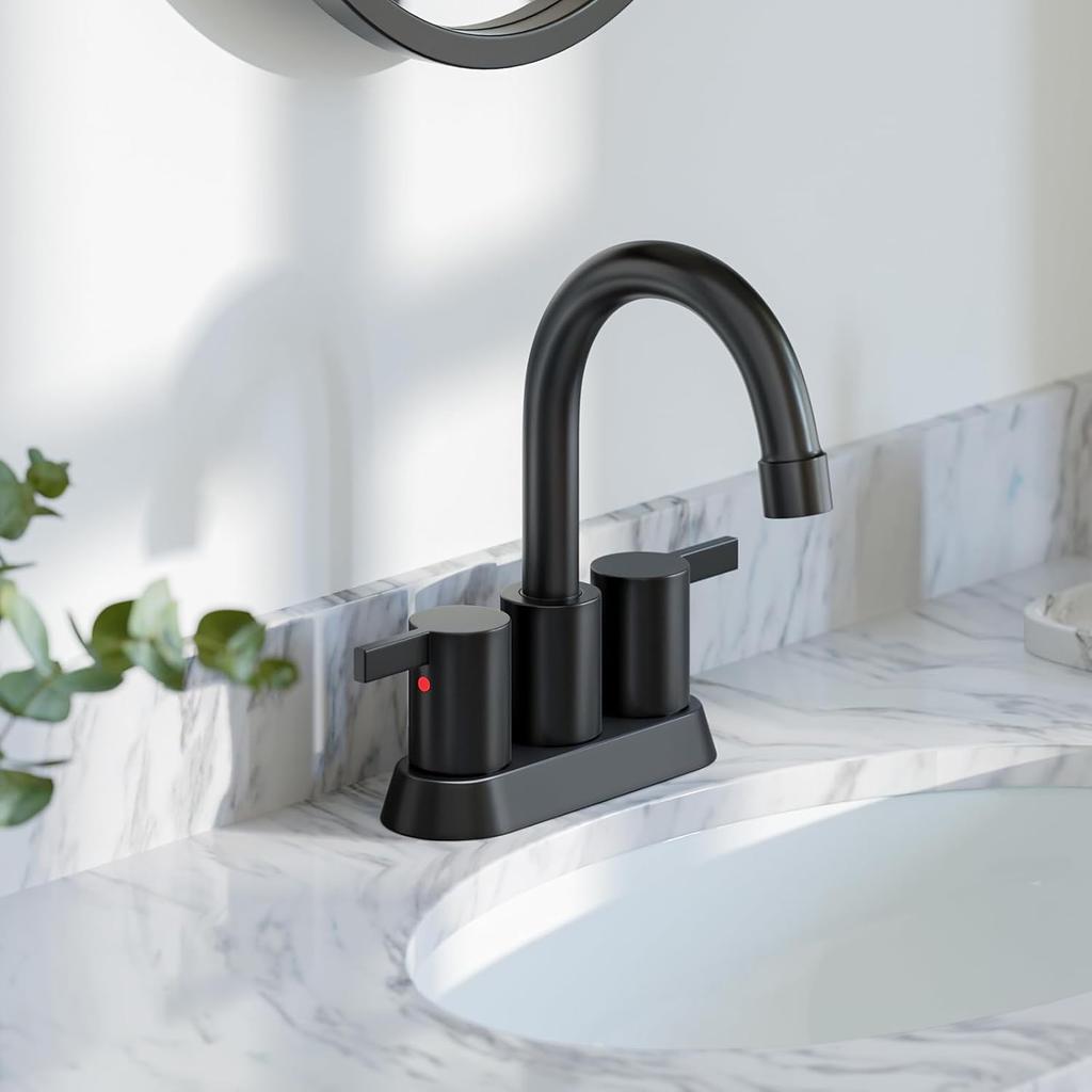Phiestina 4 Inch 2 Handle Centerset Matte Black Lead-Free Modern Bathroom Faucet, 360 Swivel Spout 2-3 Hole RV Bathroom Vanity Sink Faucet with Pop