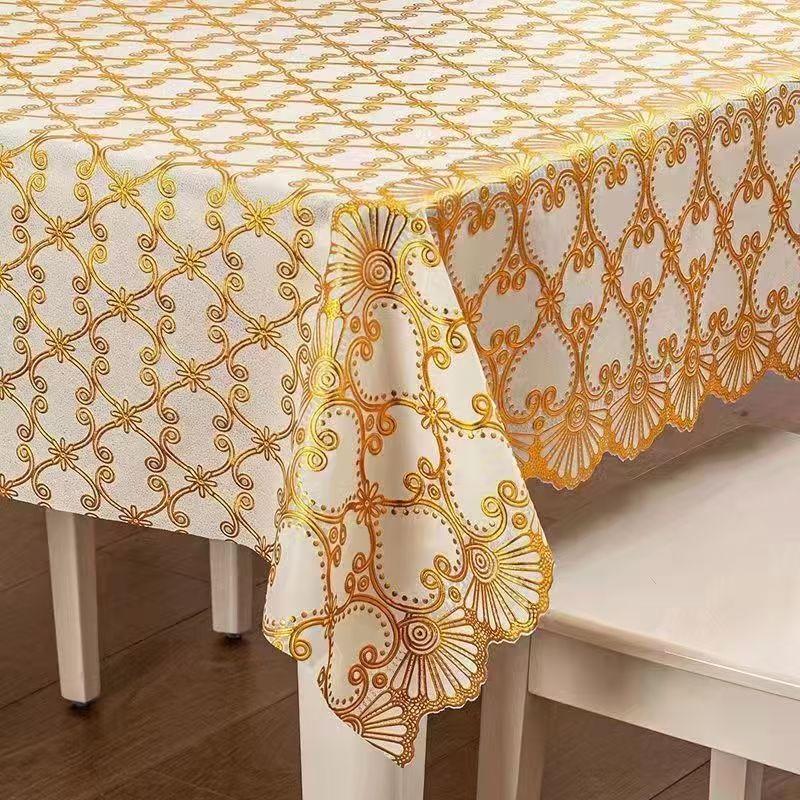 Waterproof Tablecloth Household Rectangular Oilproof PVC Plastic Tablecloth Golden Bronzing Printing Table Cover Table Mat Nappe