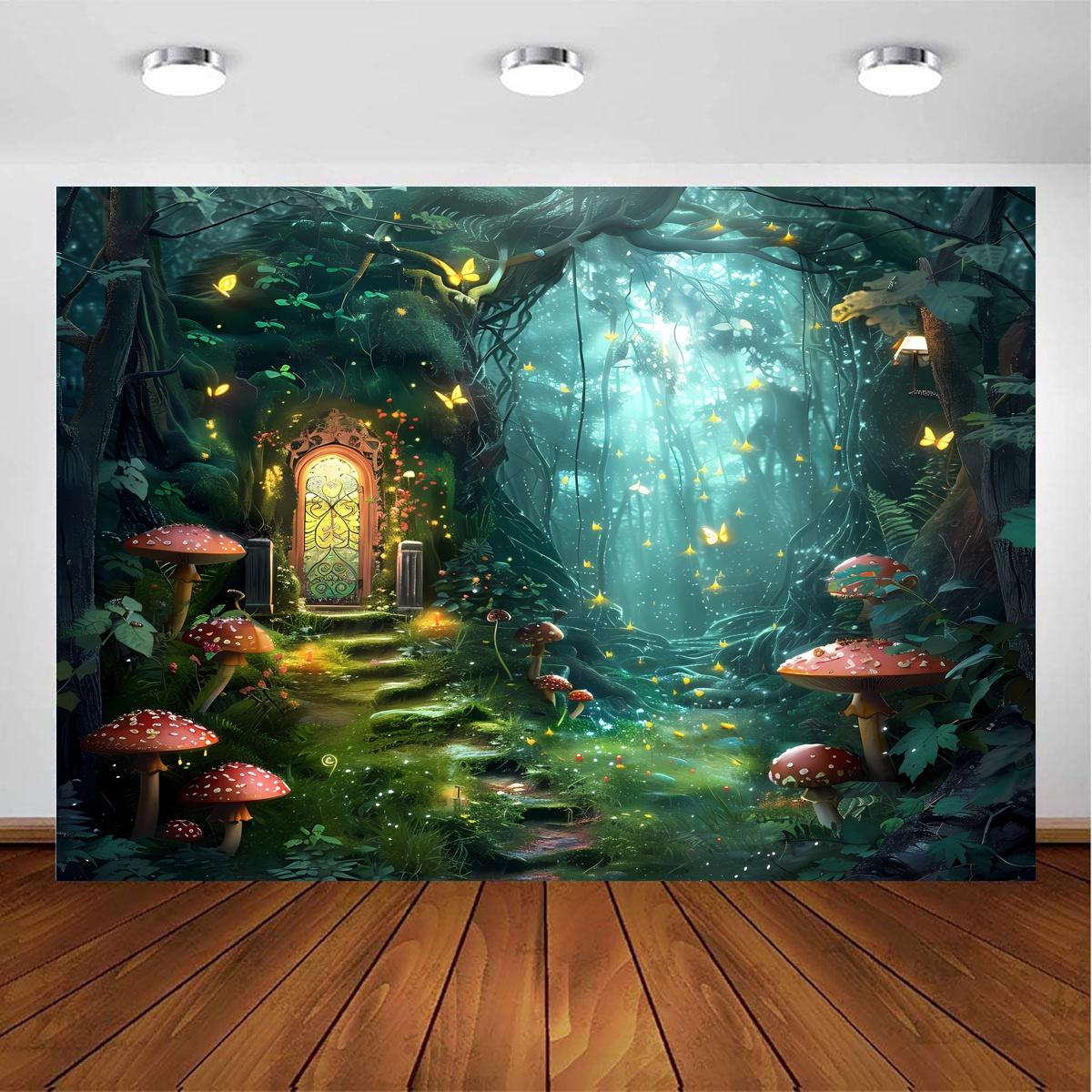 1pc Magic Art Background Fabric Fairy Tale Forest Green Plants Mushrooms Fairyland Fantasy Dream Plant Tree 100x150cm