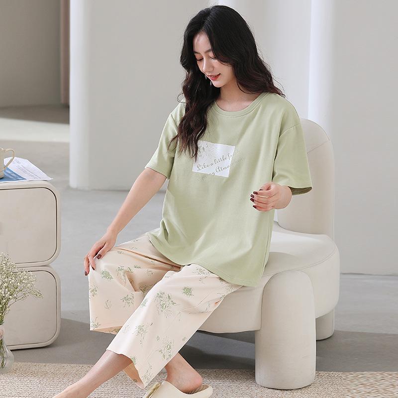 Cotton and silk pajamas women's summer thin round neck short-sleeved cropped pants Korean version Modal soft loose loungewear suit