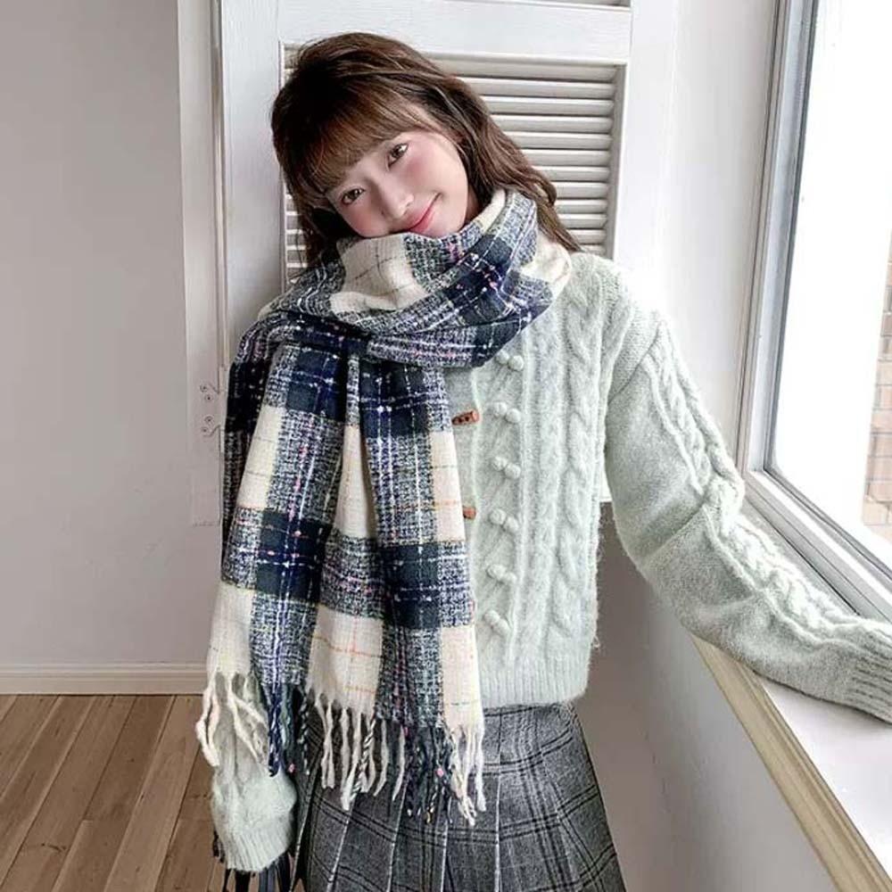 Soft Long Tassel Neckscarf Cold-proof Women Thickened Scarf Shawl Plaid Knitted Scarf  New Year