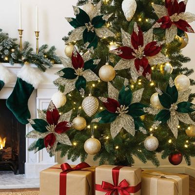 29cm Artificial Christmas Flower Velvet Flocking Christmas Poinsettia Handmade Realistic Christmas Tree Wreath Xmas Party