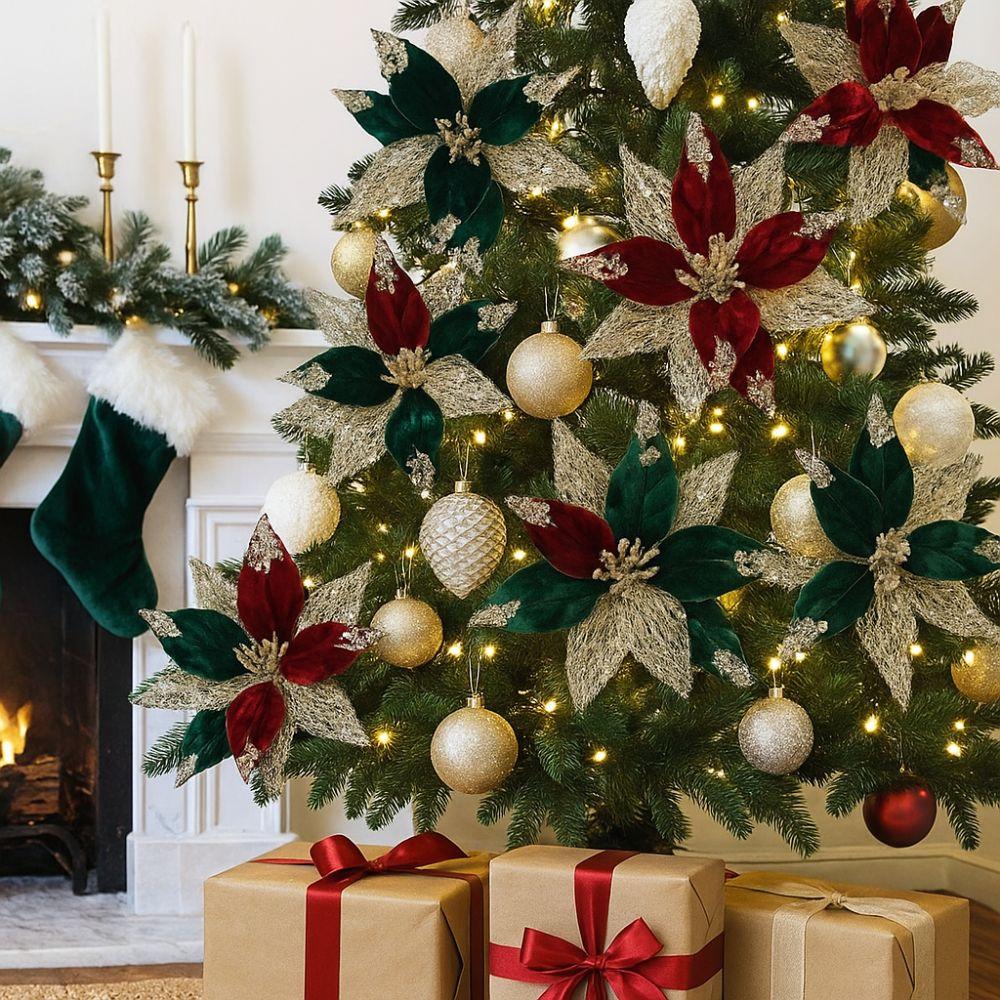 29cm Christmas Poinsettia Velvet Xmas Tree Ornaments Artificial Christmas Flower  Christmas Tree