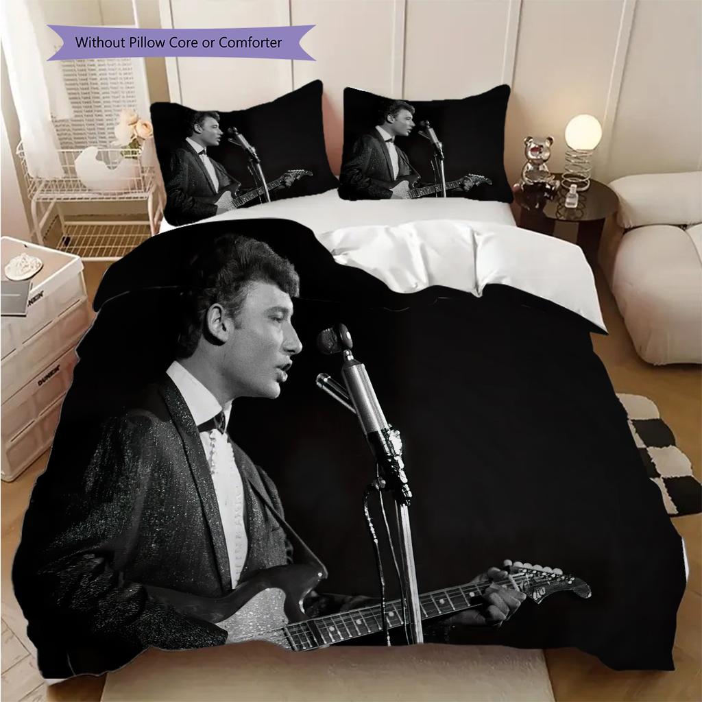 Black and white retro Johnny Hallyday bedding, duvet cover, pillowcase, home decoration, birthday gift (1 * duvet cover+2 * pillowcase, coreless)