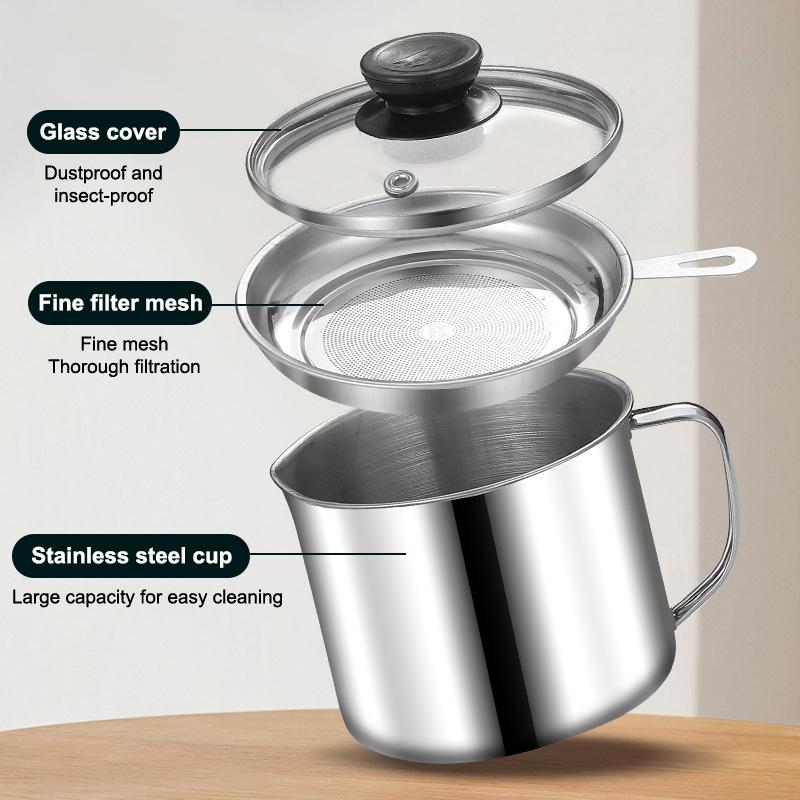 Glass Lid Bacon Grease Container Deep Fryer 1.3L Keeper With Handle Easily Refill Filter Pot Grease Strainer , With Glass Lid