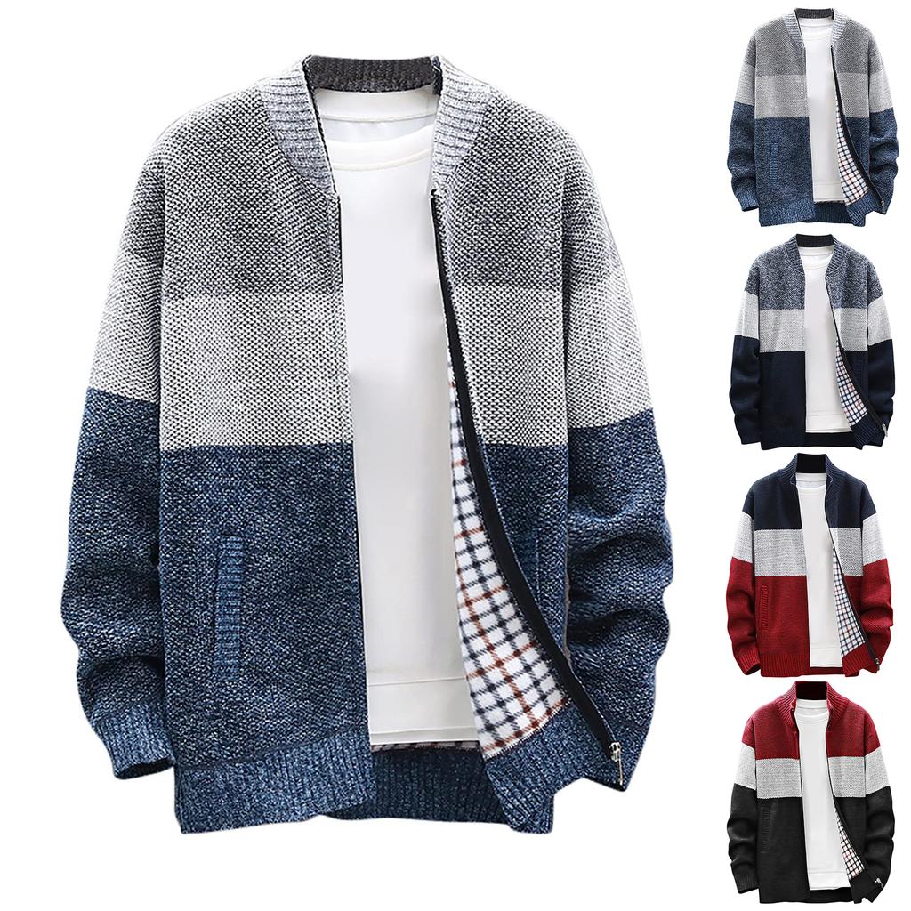 Men's Cardigan Sweaters Knitted Full Zip Collared Regular Fit Jacket Casual Color Block Baggy Winter Warm Coat