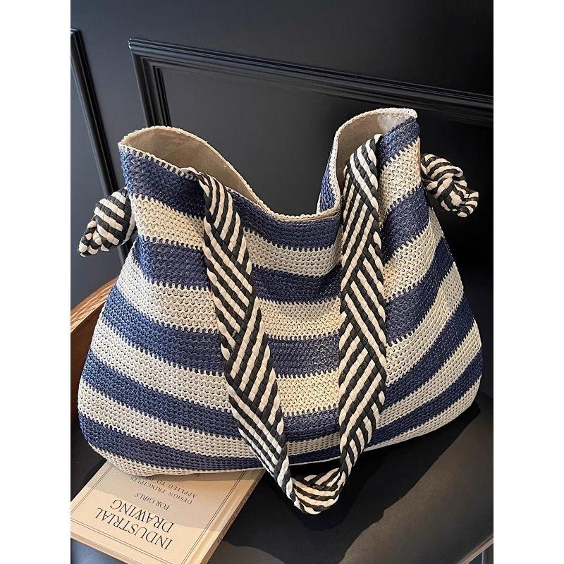 Idle Style Large Capacity Straw Woven Bag Women's Summer Shoulder Commuter Tote Seaside Vacation Style Stripes Woven Bag