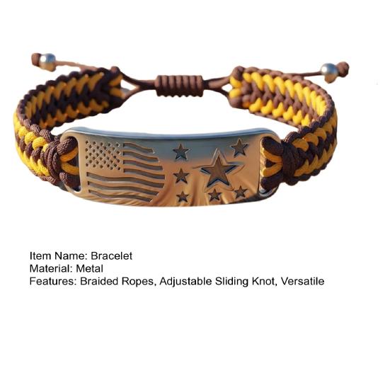Patriotic American Flag Bracelet Engraved Metal Centerpiece Adjustable Knot Design Wristband Patriotic Accessory