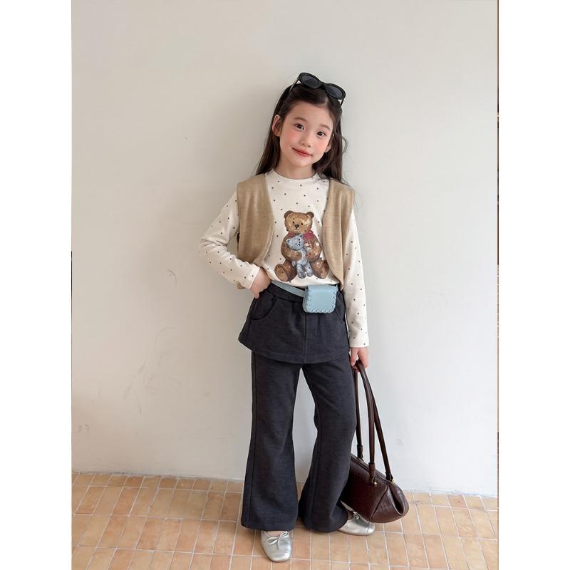 Big Kids Girls Cute Cartoon Bear Polka Dot Long Sleeve Elastic Bottoming T Shirt