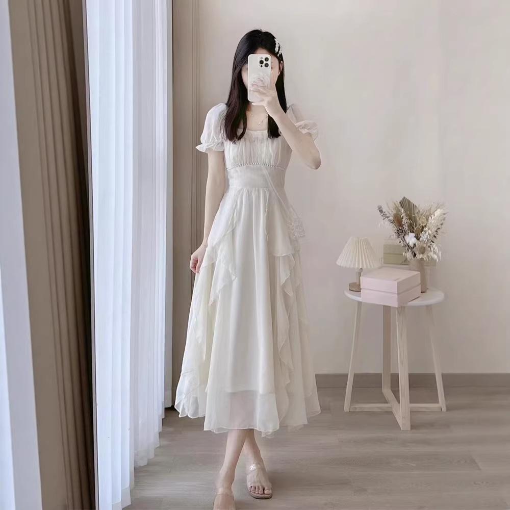 Französisches sanfter Wind weißes Chiffonkleid Fee Frühling Herbst und Winter Temperament dünn unregelmäßig Geburtstagskleid Kleid