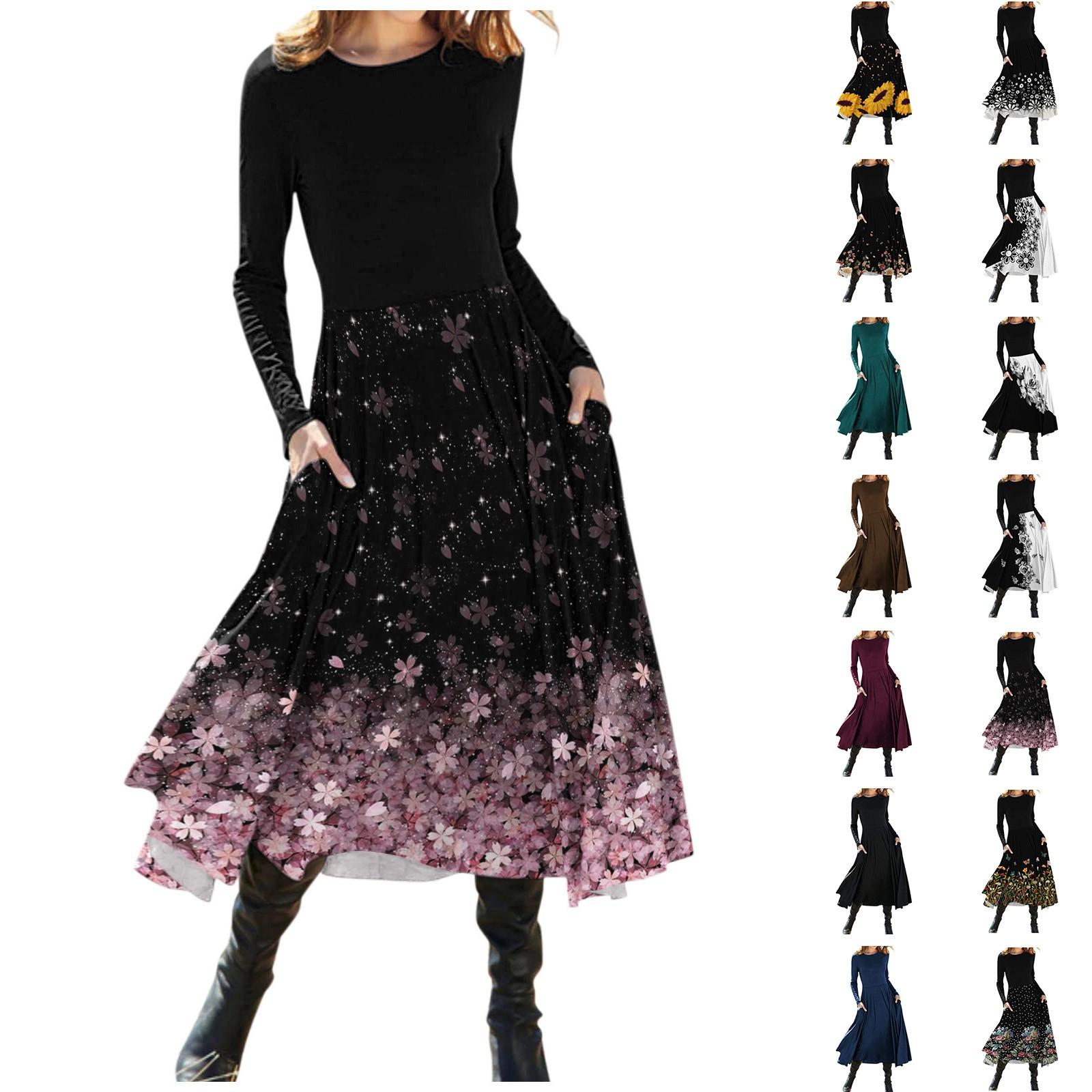 

Женское модное платье с цветными блоками и принтом, с круглым вырезом и длинными рукавами, платье миди