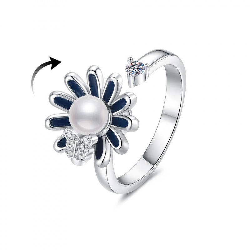 Sunflower Butterfly Rotating Rhinestone Ring for Women - European American Fashion Adjustable Open платиновый