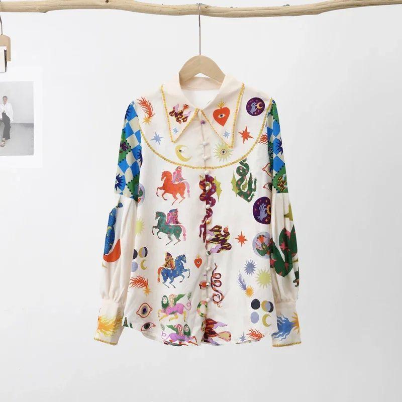 Printed Collar Lantern Long Sleeved Shirt Print Lapel Long Sleeve Shirt Female