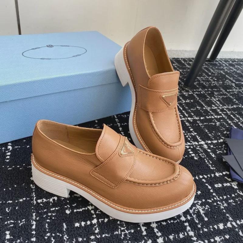 Haute Couture Triangle Logo Lychee Pattern Leather Loafers - Versatile British Style Round Toe with Beaded Edge, Thick Sole.