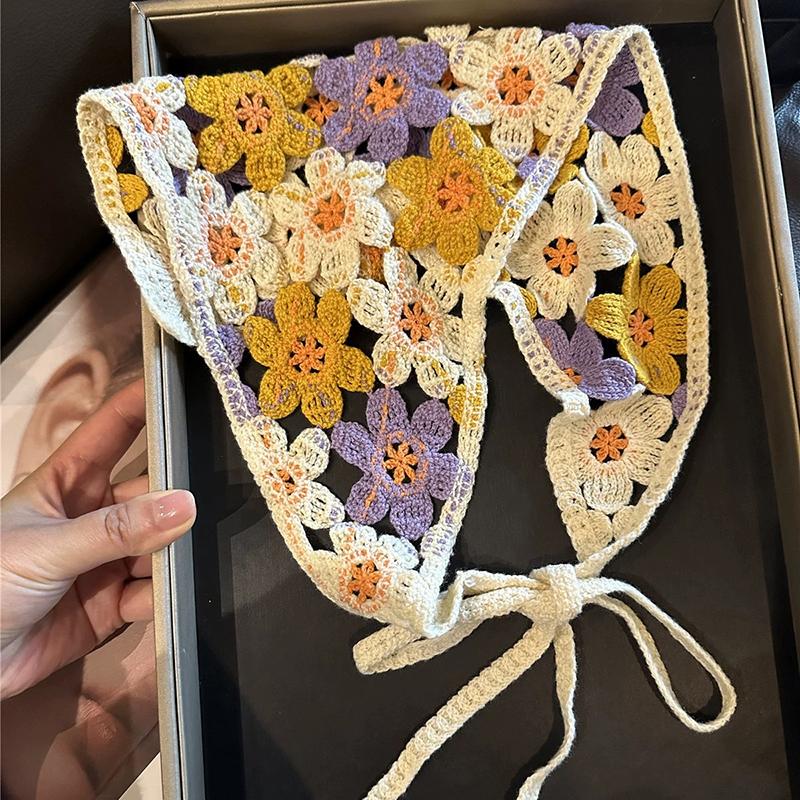 Knitted Triangle Headband Cute Little Cherry French Pastoral Style Headband Towel Crochet Flower Headscarf