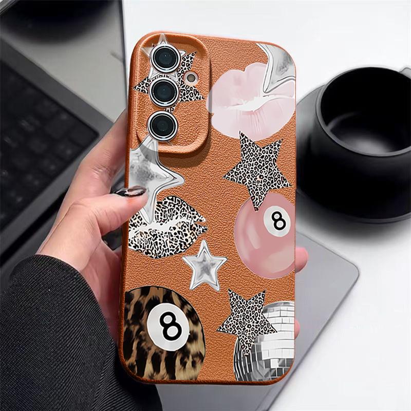 Vintage Leopard Print Stars Billiards Case For Samsung Galaxy S25 Edge S24 Ultra S23 S22 Plus S21 FE S26 Ultra Leather Texture Silicone Cover
