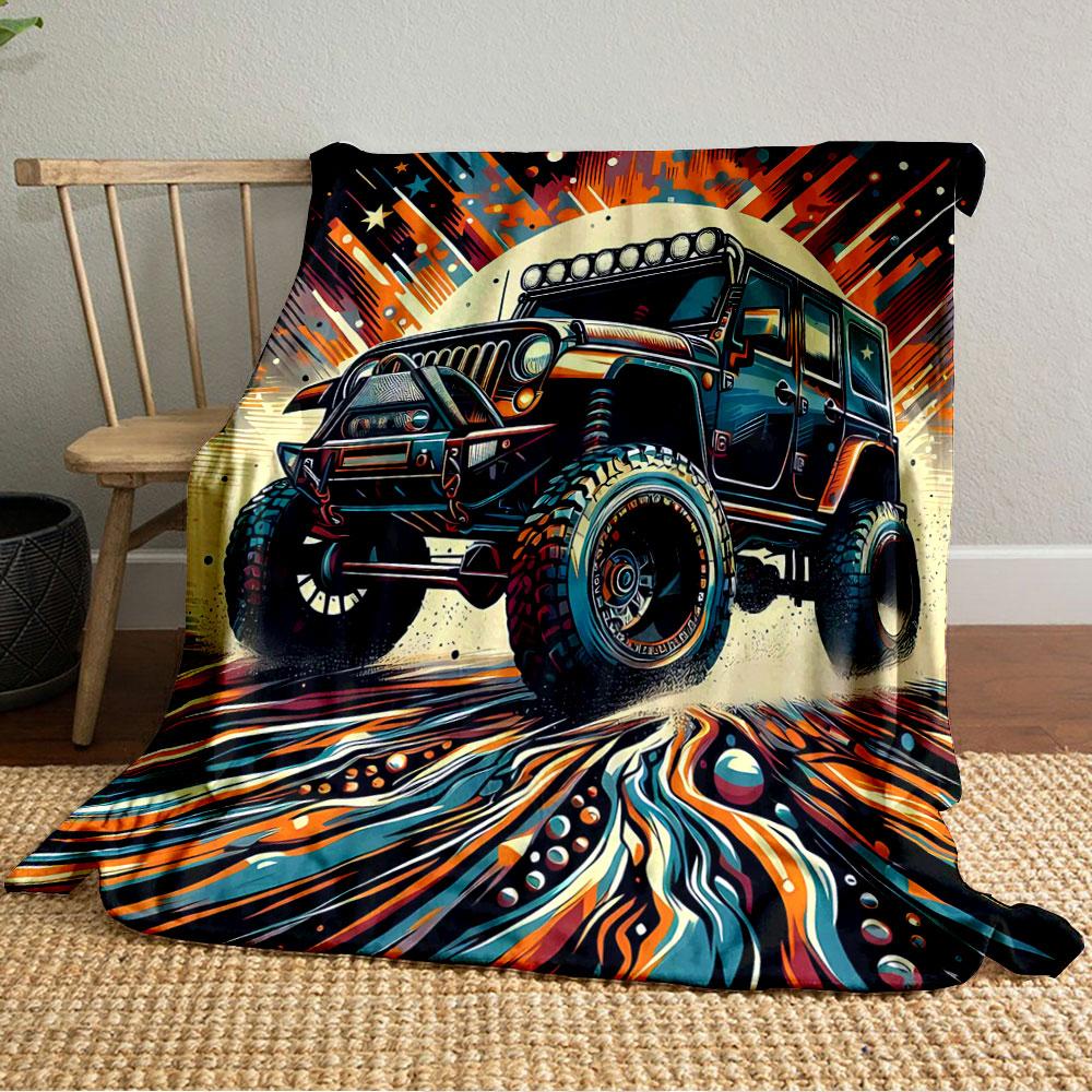 Bold off-road vehicle with dynamic, colorful streaks and cosmic accents. for all seasons blanket lunch break throw gift