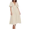 Puff Sleeve Vacation Dress For Women Summer  Deep V Neck Casual Short Sleeve A-Line Maxi Dresses