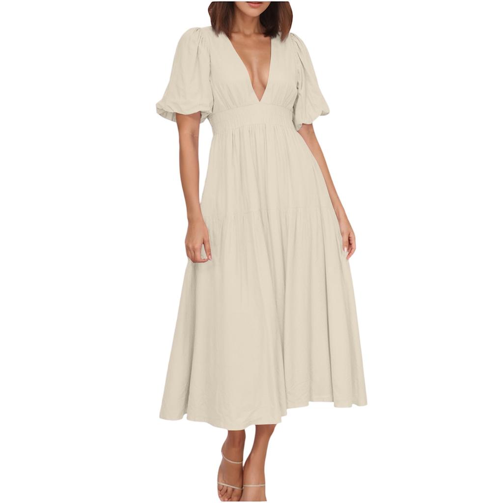 Puff Sleeve Vacation Dress For Women Summer  Deep V Neck Casual Short Sleeve A-Line Maxi Dresses