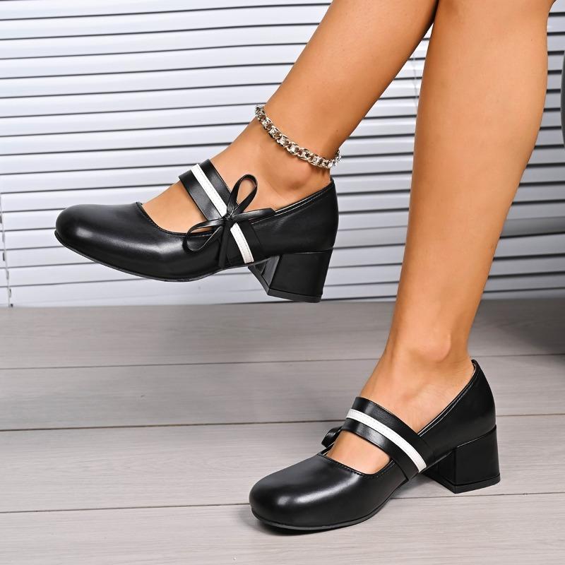 Vintage Square Toe Bowknot Decoration Pu Mary Jane Shoes Women 2025 Summer Medium Heel Dress Pumps Elegant Autumn Office Pumps