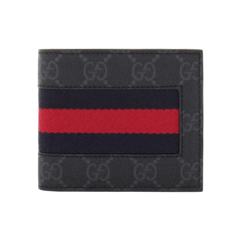 Gucci GG Supreme Presbyopia Logo Striped Web Short Bifold Canvas and Leather Wallet Mini Men's Black Gray