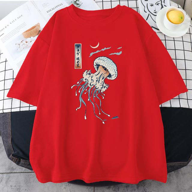 Swimming Colorful Jellyfish Print Mens Short Sleeve Japanese Harajuku O-Neck Tops All-math Oversize Vintage Man Cotton T-Shirts