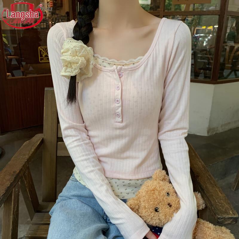 Langsha Women s Floral Lace Faux Layered Long Sleeve Top L