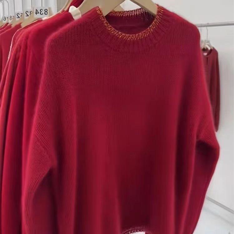 European Style Red Wool Sweater for Women - High-End Thick Gauge, Loose Fit, Autumn/Winter Collection, Christmas and New Year Zodiac Design.