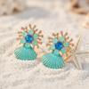 Vintage Design Sense Metal Zircon Shell Drop Earrings for Women Elegant Blue Rhinestone Scallop Earring Fashion Jewelry Gift